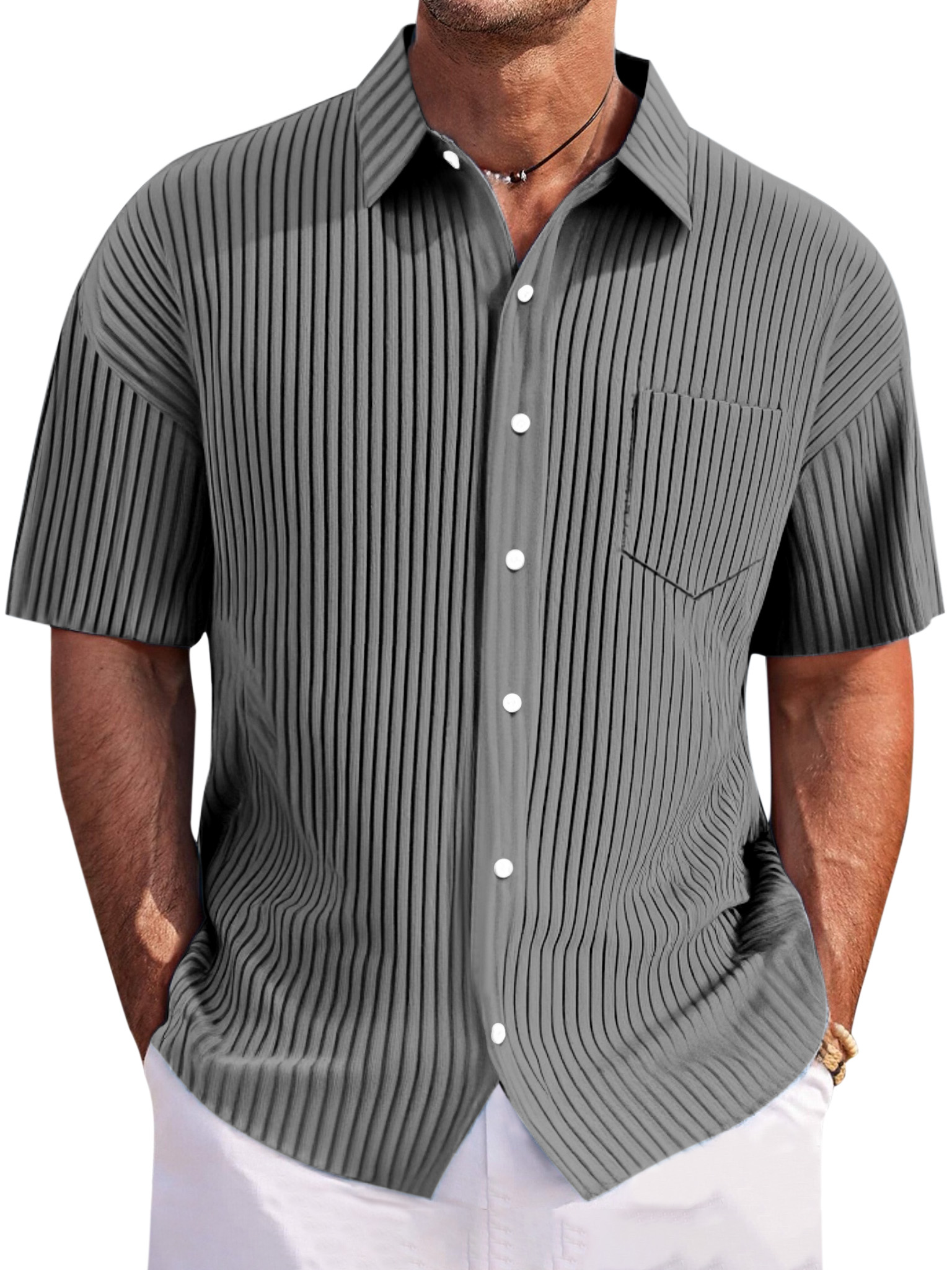Men's Casual Loose Pitted Textured Lapel Button-down Short-sleeved Shirt