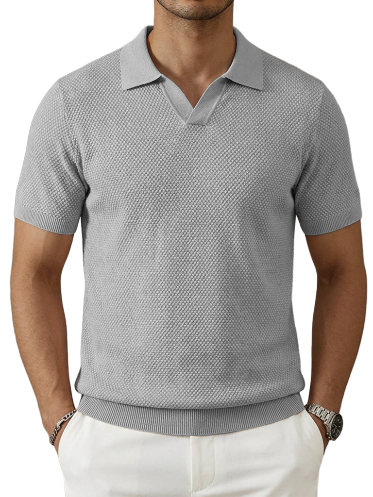 Pineapple-Texture Jacquard V-Neck Polo Shirt with Gull-Wing Collar