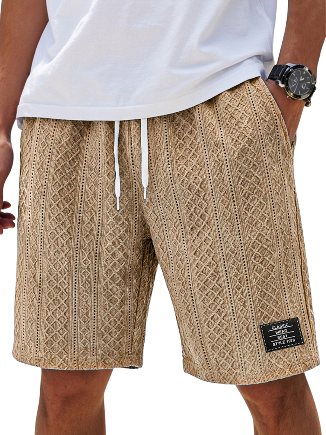 Men's Fashion Textured Embroidered Logo Elastic Waist Casual Shorts