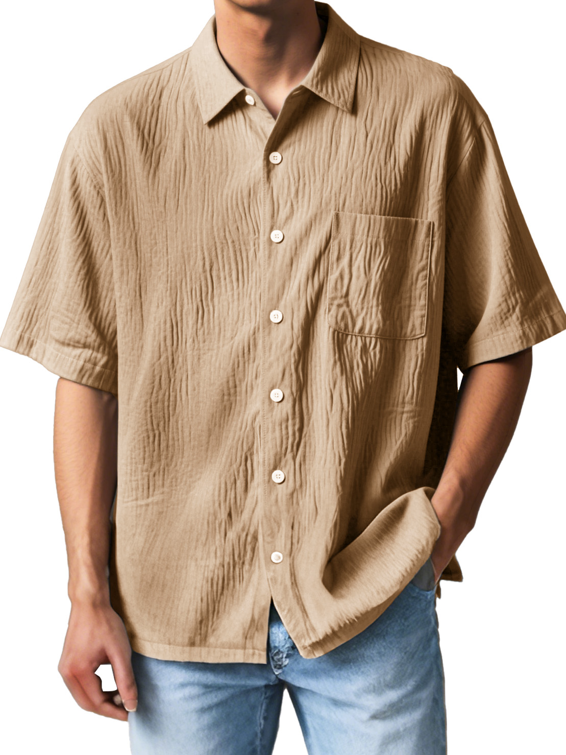 Men's Fashion Casual Textured Fabric Short-sleeved Lapel Pocket Shirt