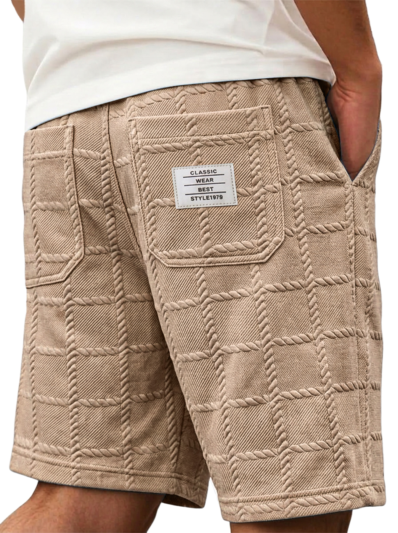 Men's Solid-Color Casual Shorts with Jacquard Texture and Embroidered Logo
