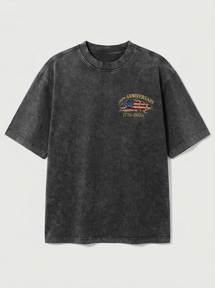 100% Cotton Vintage Washed & Distressed USA 250th Anniversary Crew Neck Short-Sleeve T-Shirt