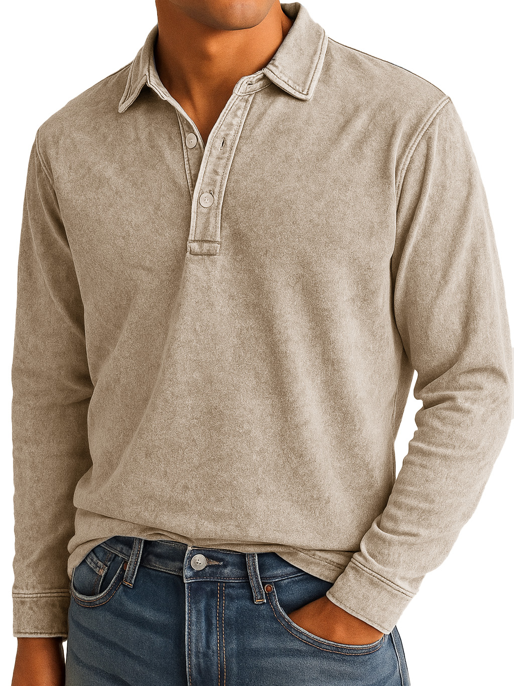 Men's Stylish Vintage Washed And Distressed Lapel Long-sleeved Polo Shirt
