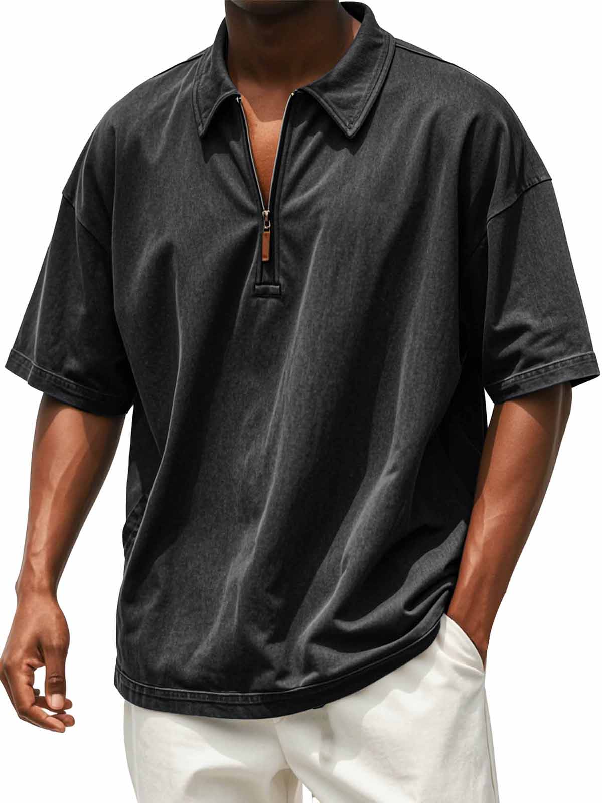 Men's Retro Distressed Zip Short Sleeve Polo Shirt