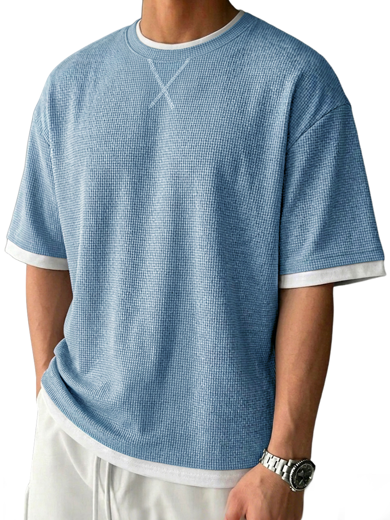 Men's Casual Crew-Neck Solid-Color Textured Short-Sleeve T-Shirt