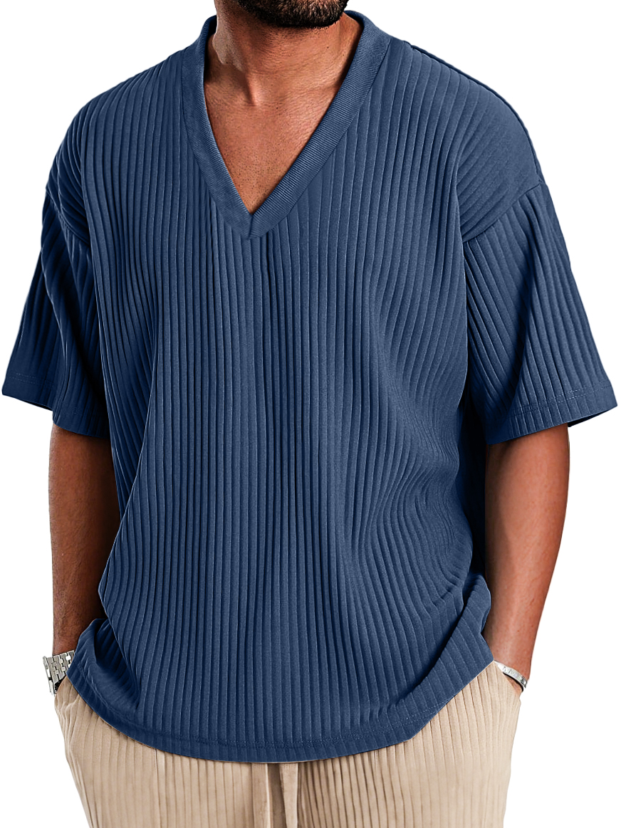 Men's Casual V-neck Ribbed Comfortable Short-sleeved T-shirt