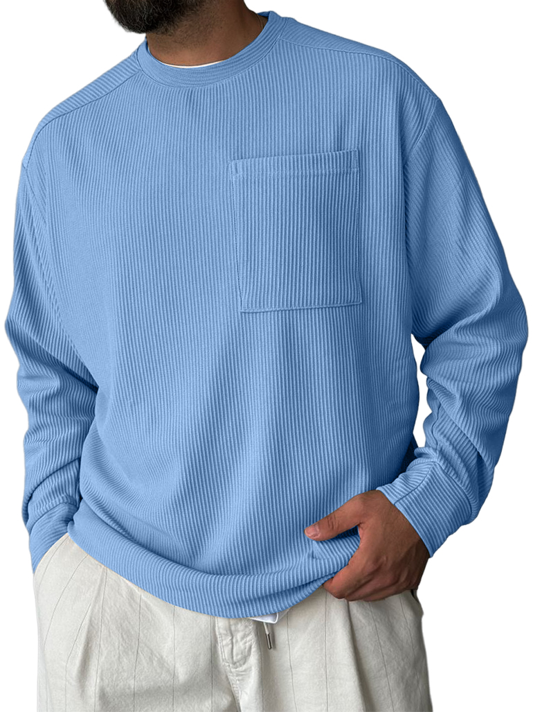 Men's Striped Jacquard Crew Neck Pocket Casual Comfortable Long-sleeved T-shirt