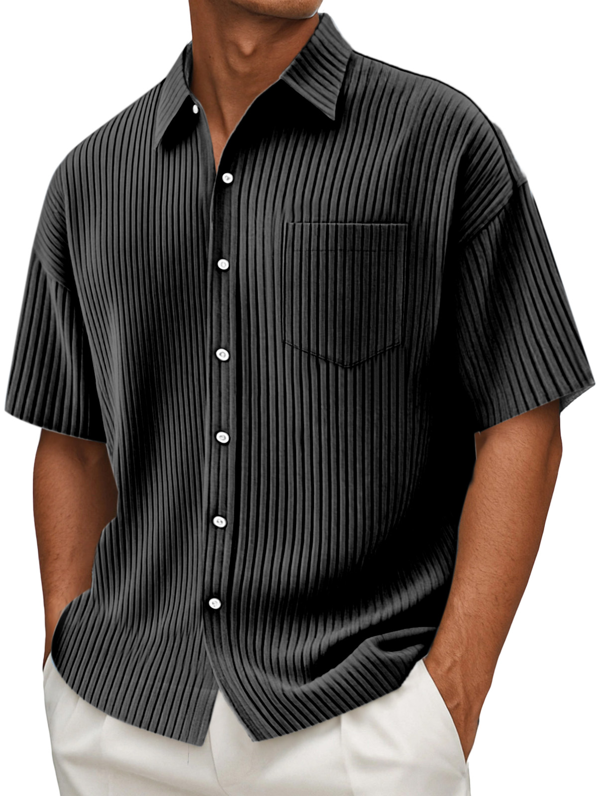 Men's Daily Solid Color Vertical Pit Design Short-sleeved Shirt