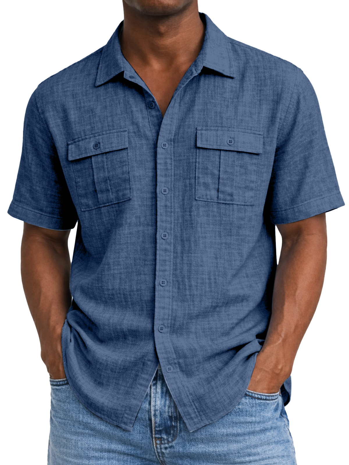 Men's solid color breathable linen short-sleeved shirt