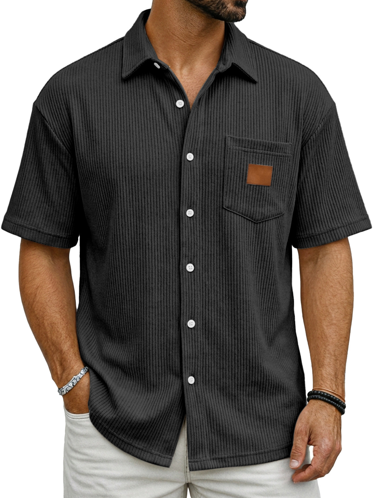 Men's Casual Simple Vertical Ribbed Fabric Shirt With Logo
