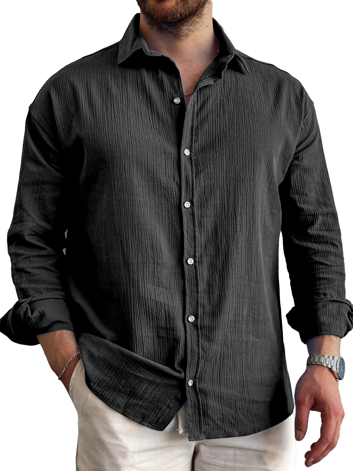 Men's Daily Simple Pleated Textured Lapel Long-sleeved Shirt