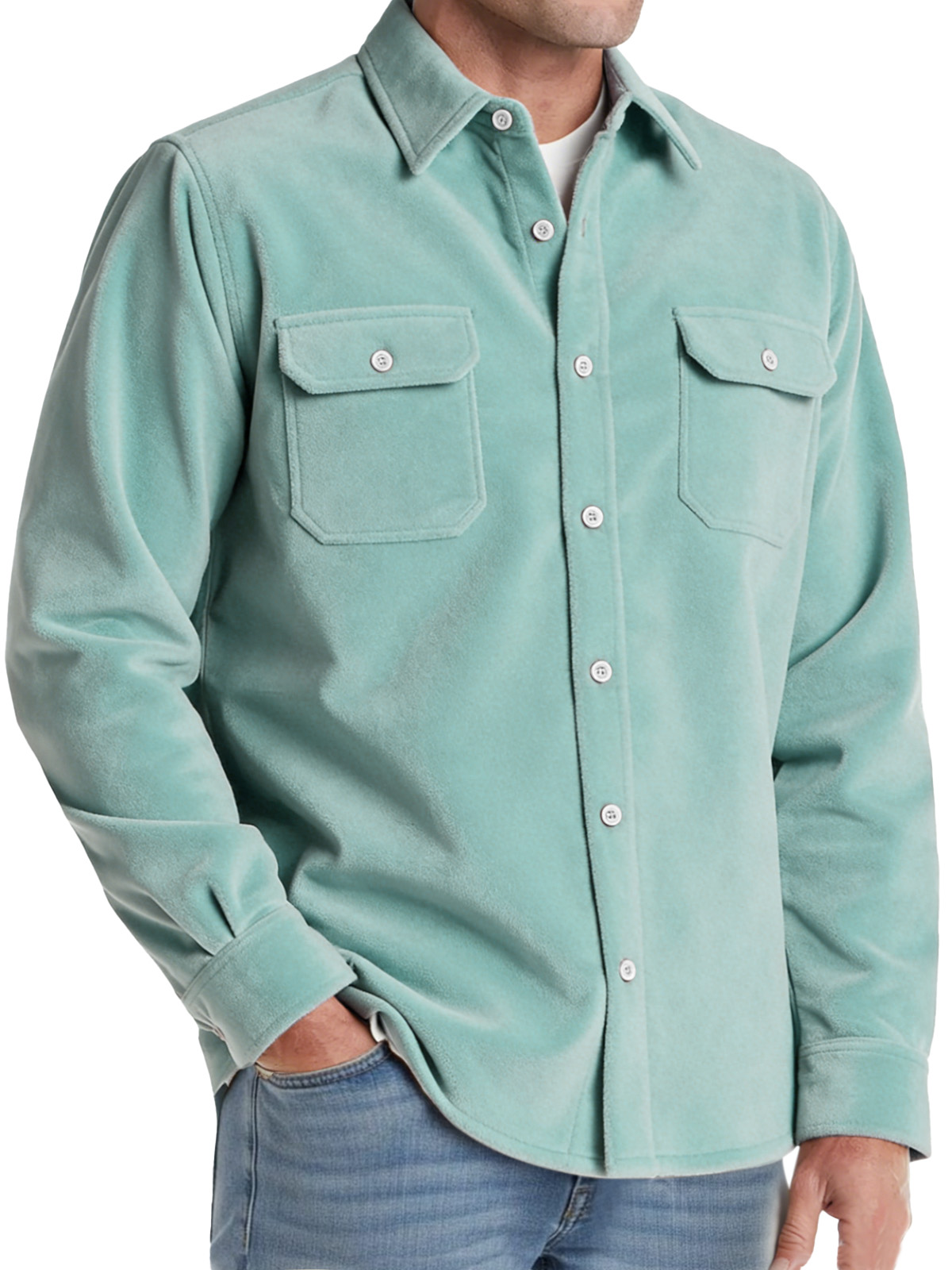 Men's Comfortable Solid-color Suede Double-pocket Long-sleeved Shirt