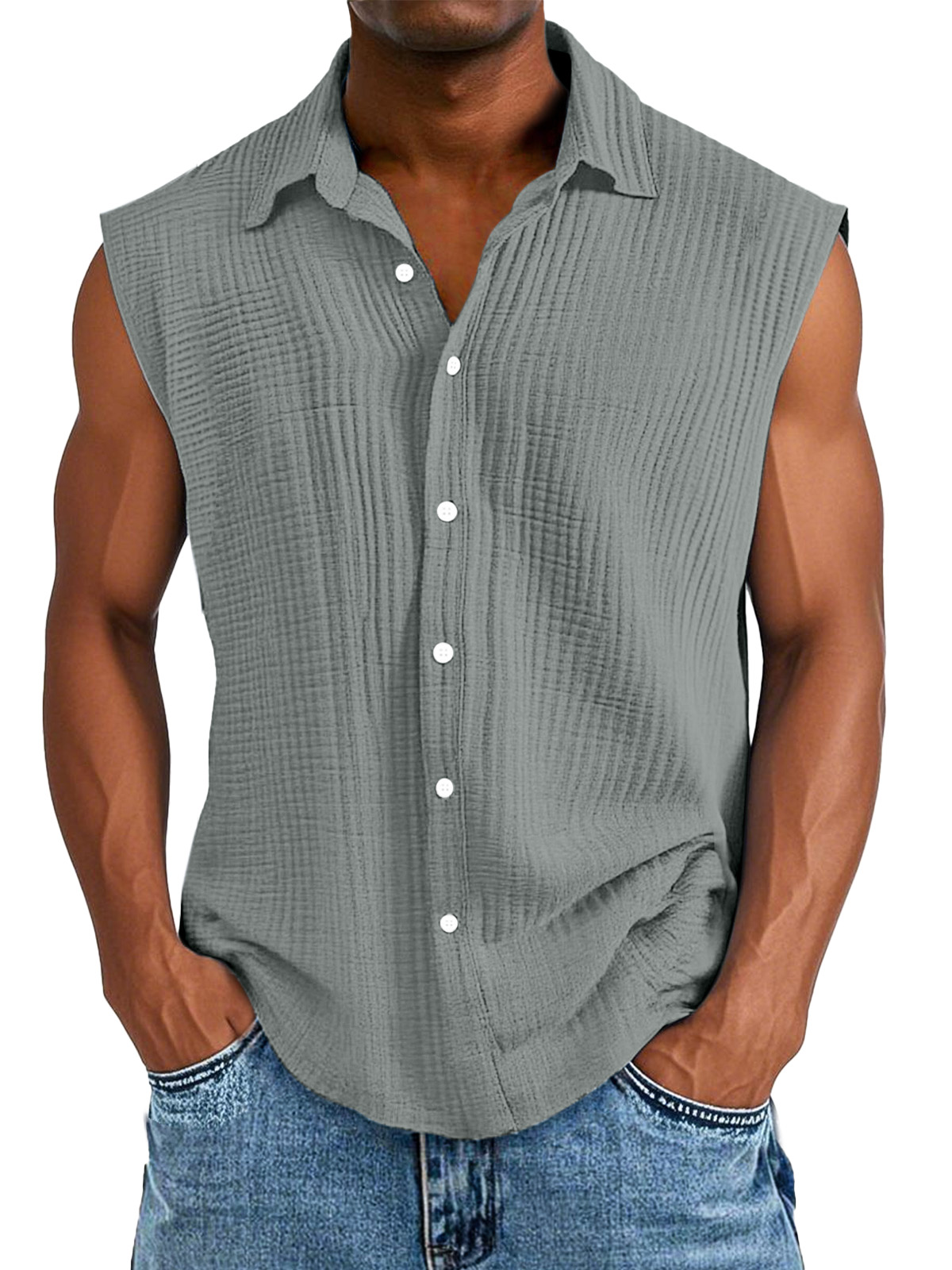 Men's Casual Solid Color Pleated Texture Sleeveless Lapel Shirt