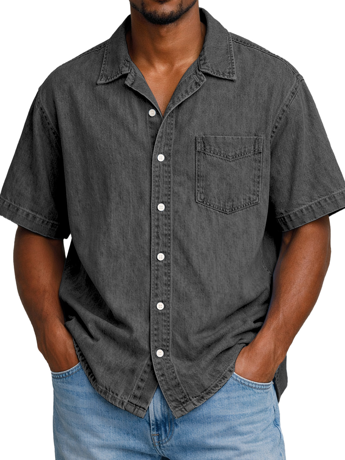 Men's Retro Solid Color Pocketed Cuban Collar Short-Sleeve Shirt