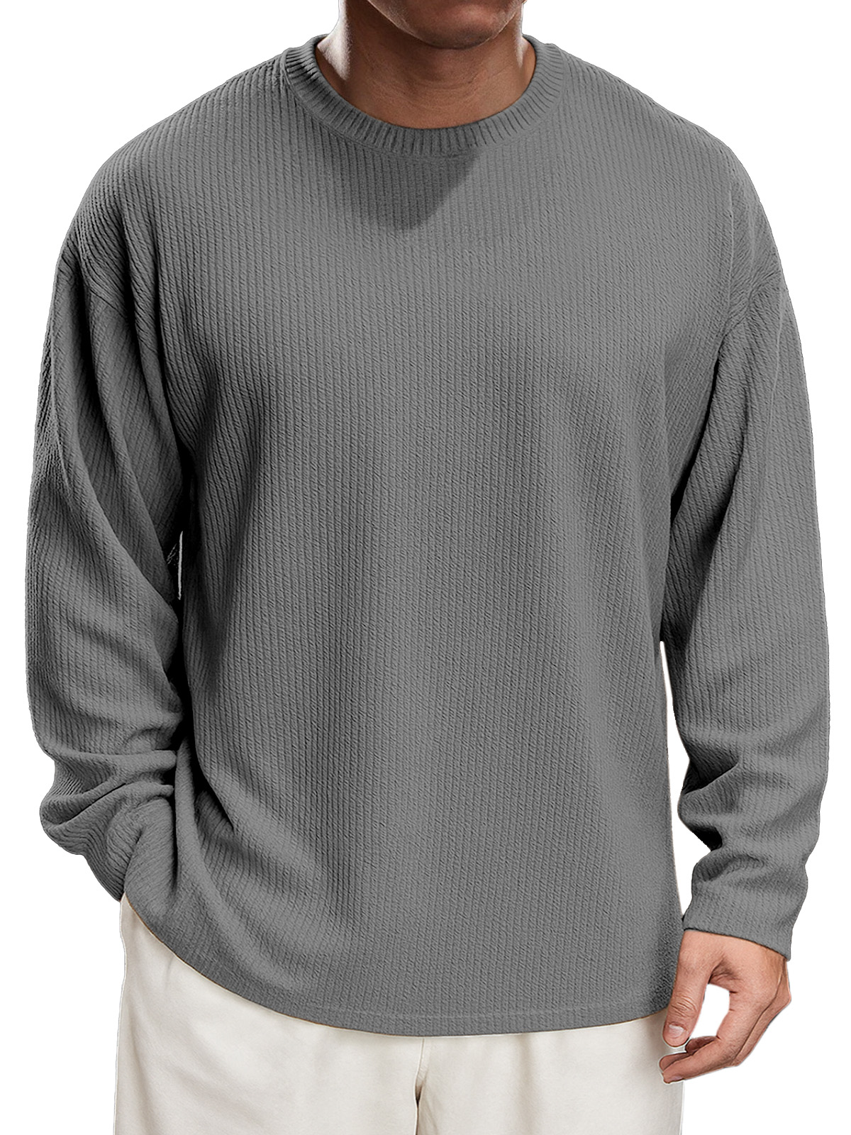 Men's Simple Daily Solid Color Texture Round Neck Long-sleeved T-shirt
