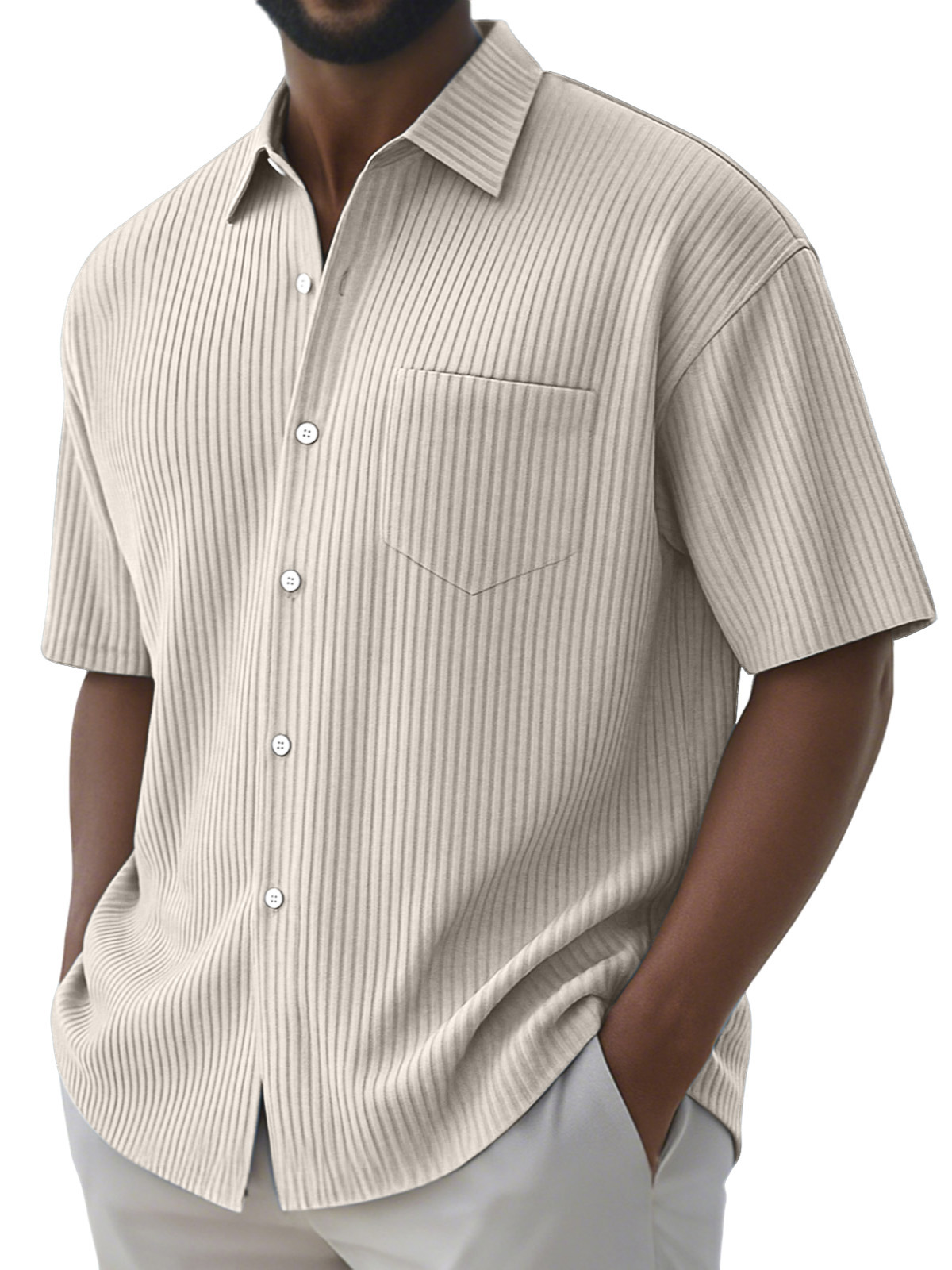 Men's Simple Solid Color Vertical Pit Button Lapel Short-sleeved Shirt
