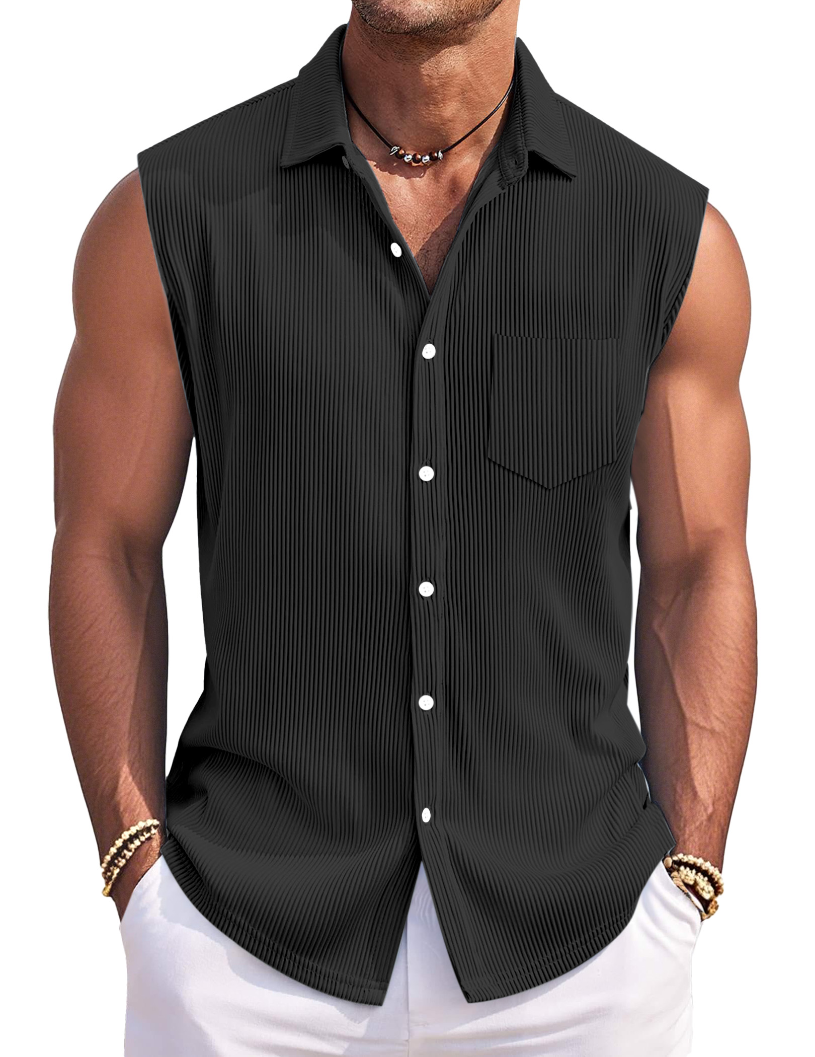 Men's Simple Solid Color Vertical Pit Lapel Button Sleeveless Shirt