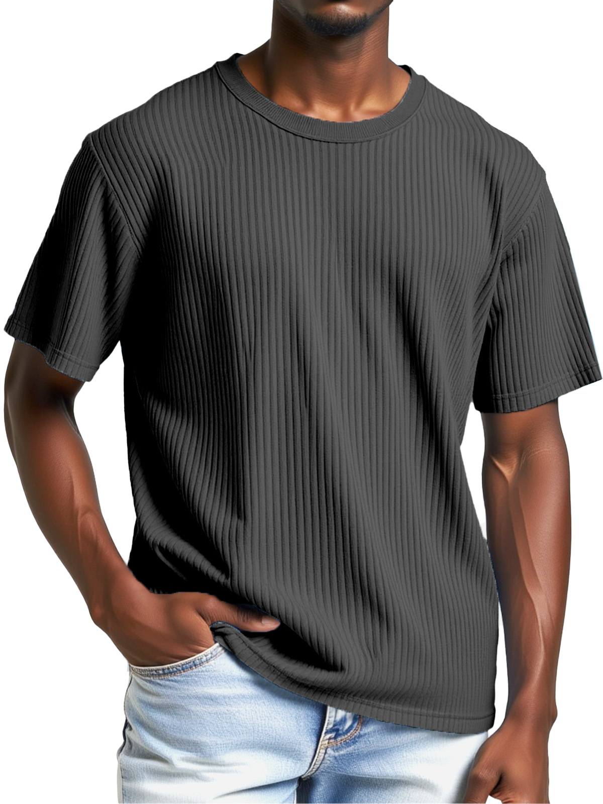 Men's Comfortable Solid Color Vertical Pit Round Neck Short-sleeved T-shirt