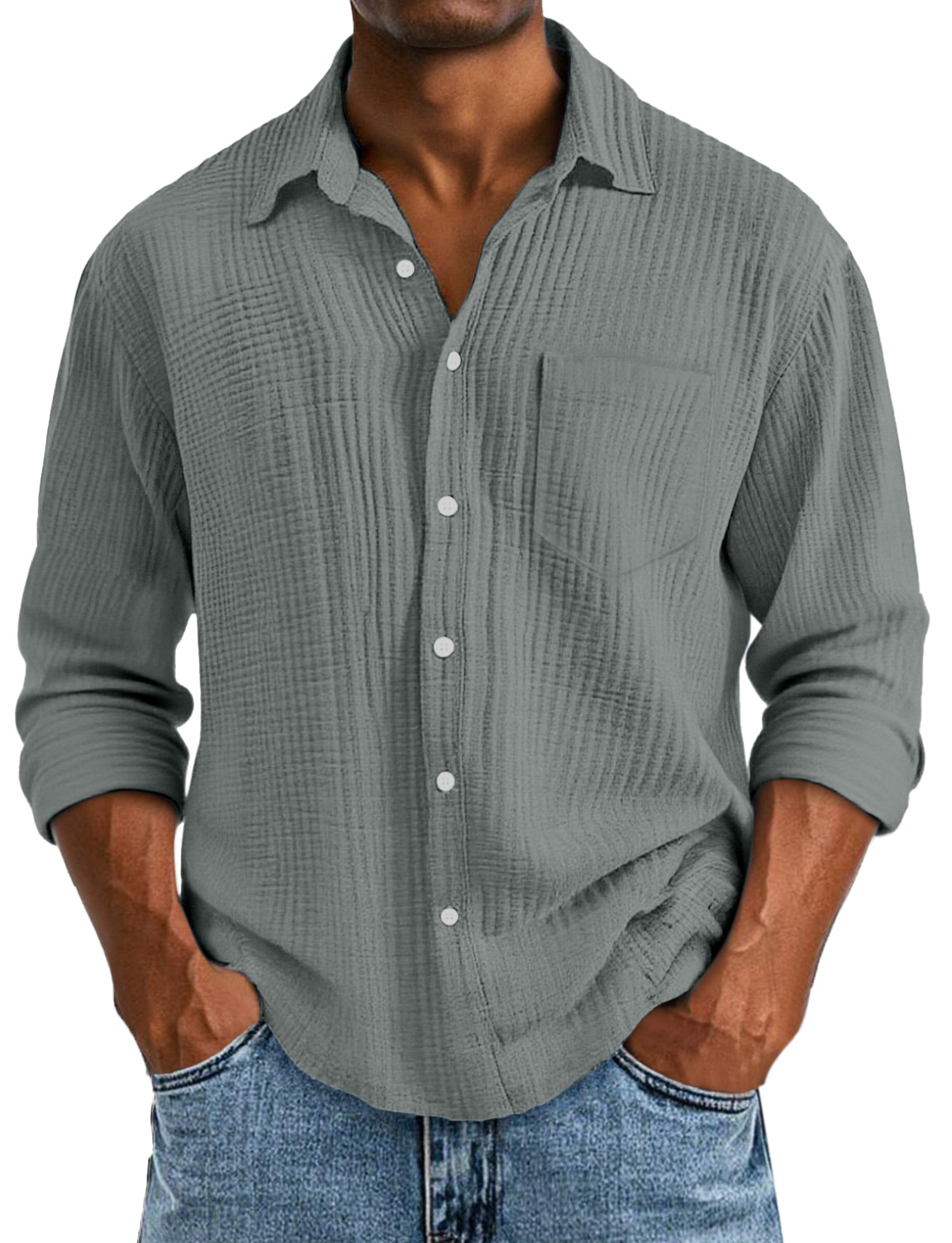 Men's Casual Solid Color Breathable Cotton Pleated Comfortable Lapel Long-sleeved Shirt