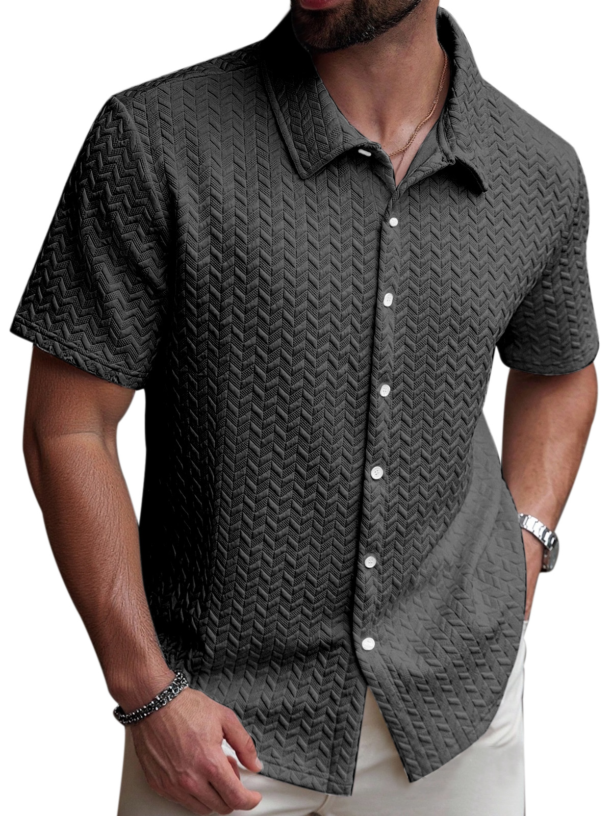 Men's Simple Solid Color Simple Texture Short-sleeved Shirt