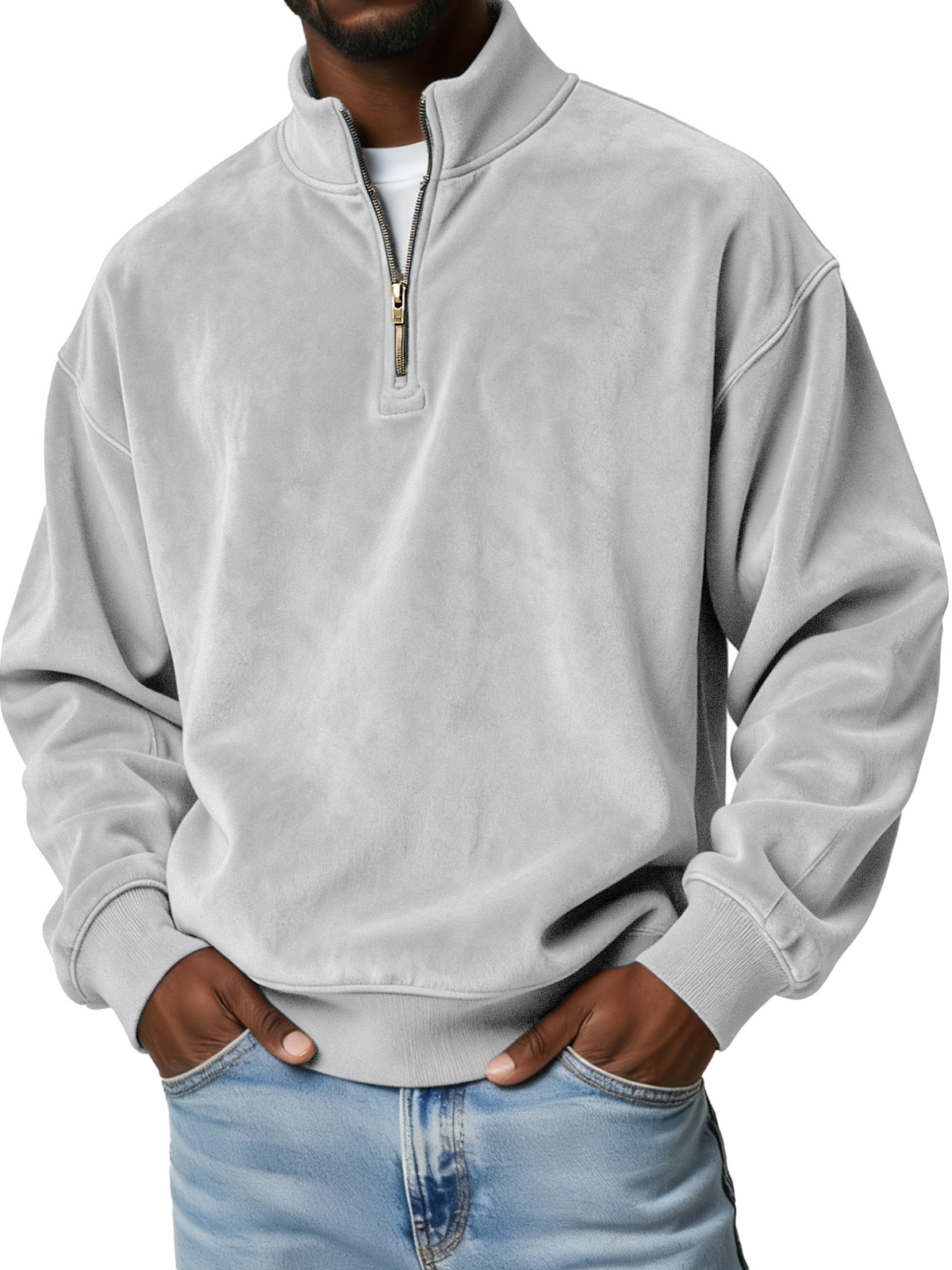 Men's Simple Solid Color Suede Casual Zipper Stand Collar Sweatshirt