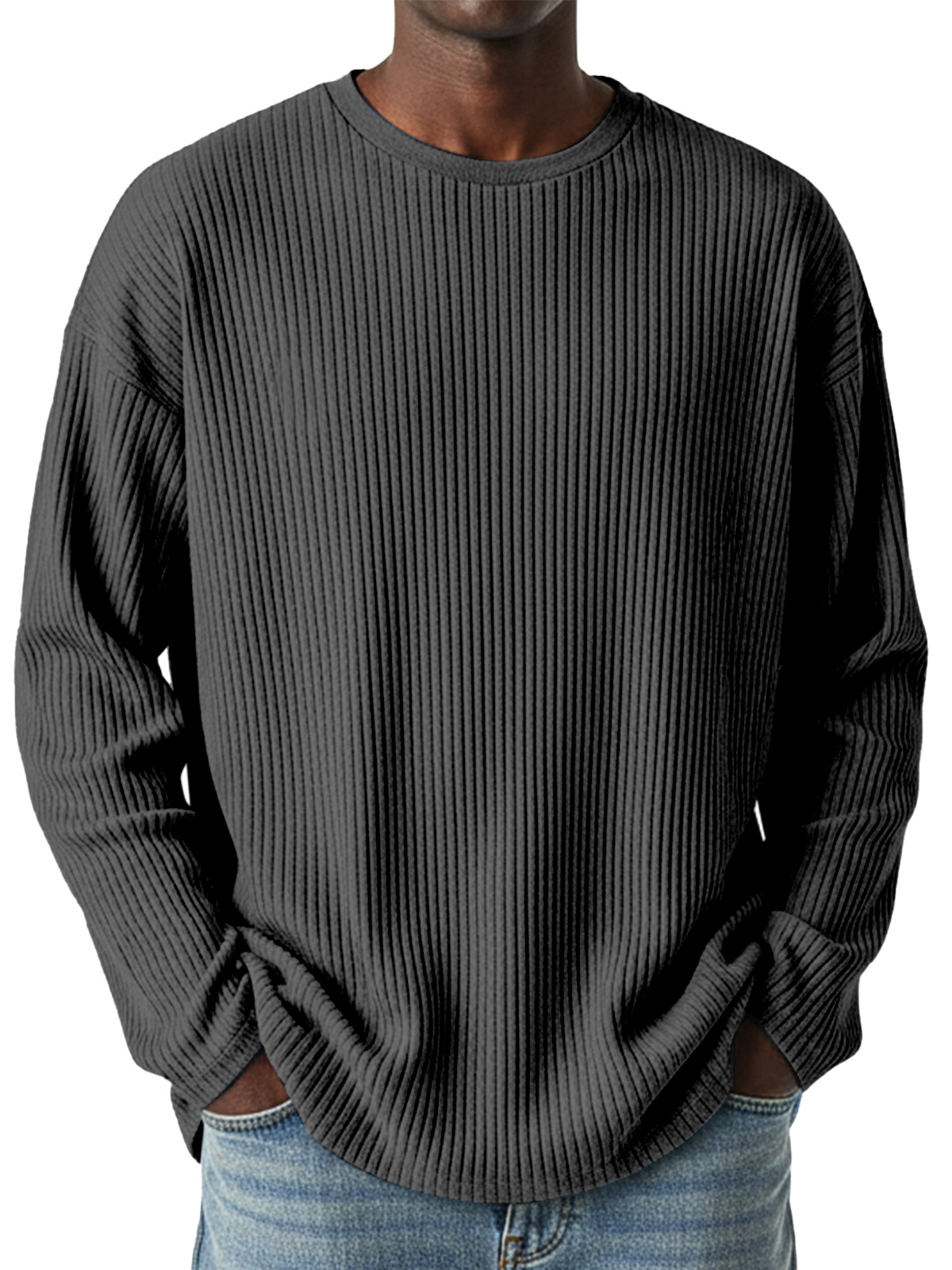 Men's Simple Daily Solid Color Vertical Pit Strip Round Neck Long-sleeved T-shirt
