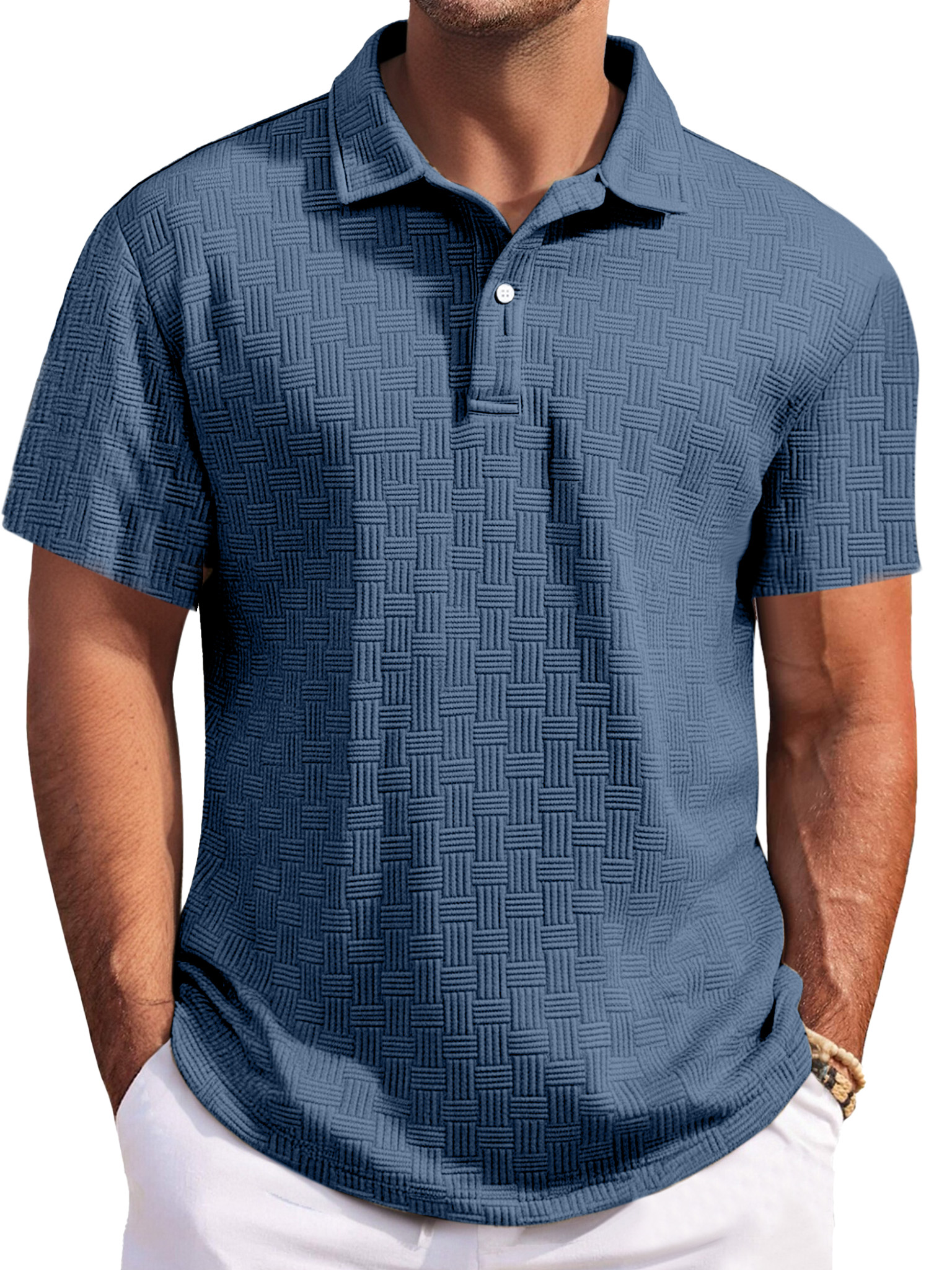 Men's Casual Solid Color Texture Short-sleeved Button Laps Polo Shirt