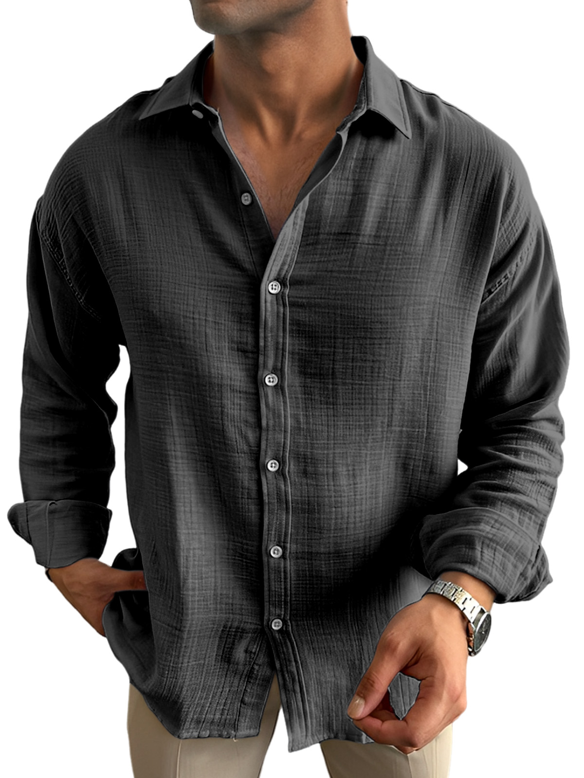 Men's Casual Solid Color Breathable And Comfortable Lapel Long-sleeved Shirt