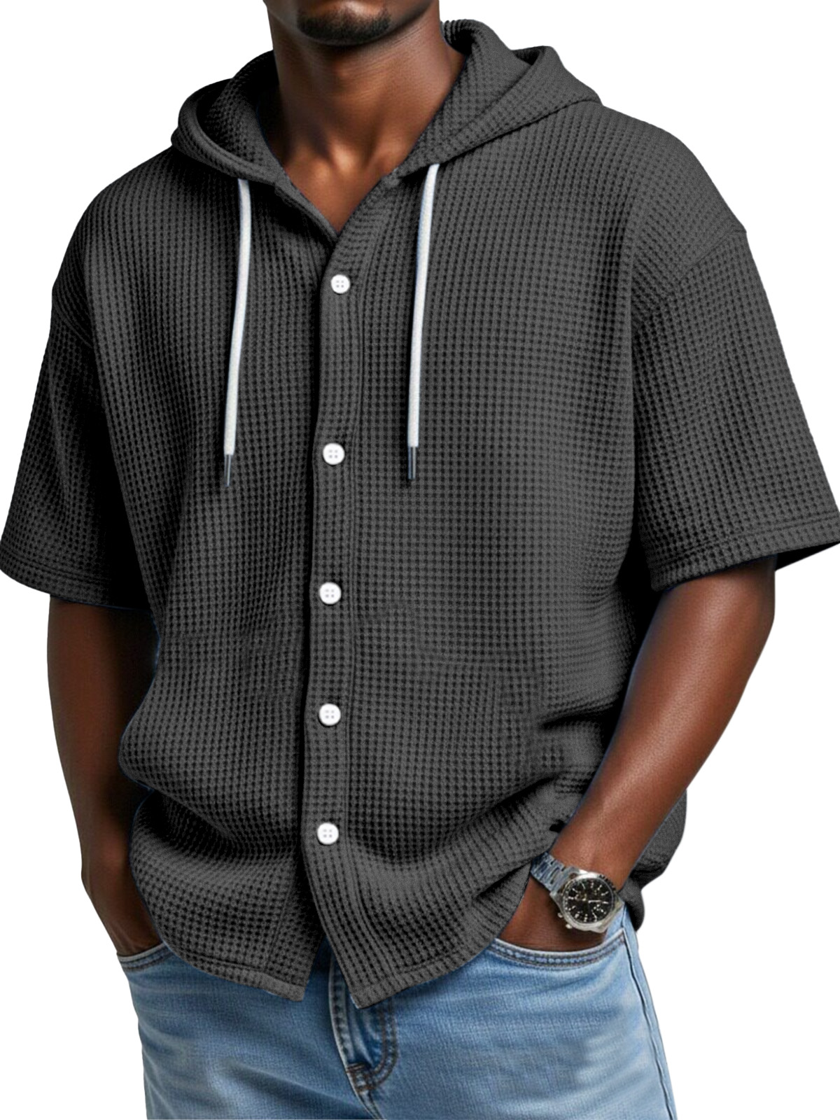 Everyday Casual Waffle Hooded Short Sleeve Button-Down Shirt