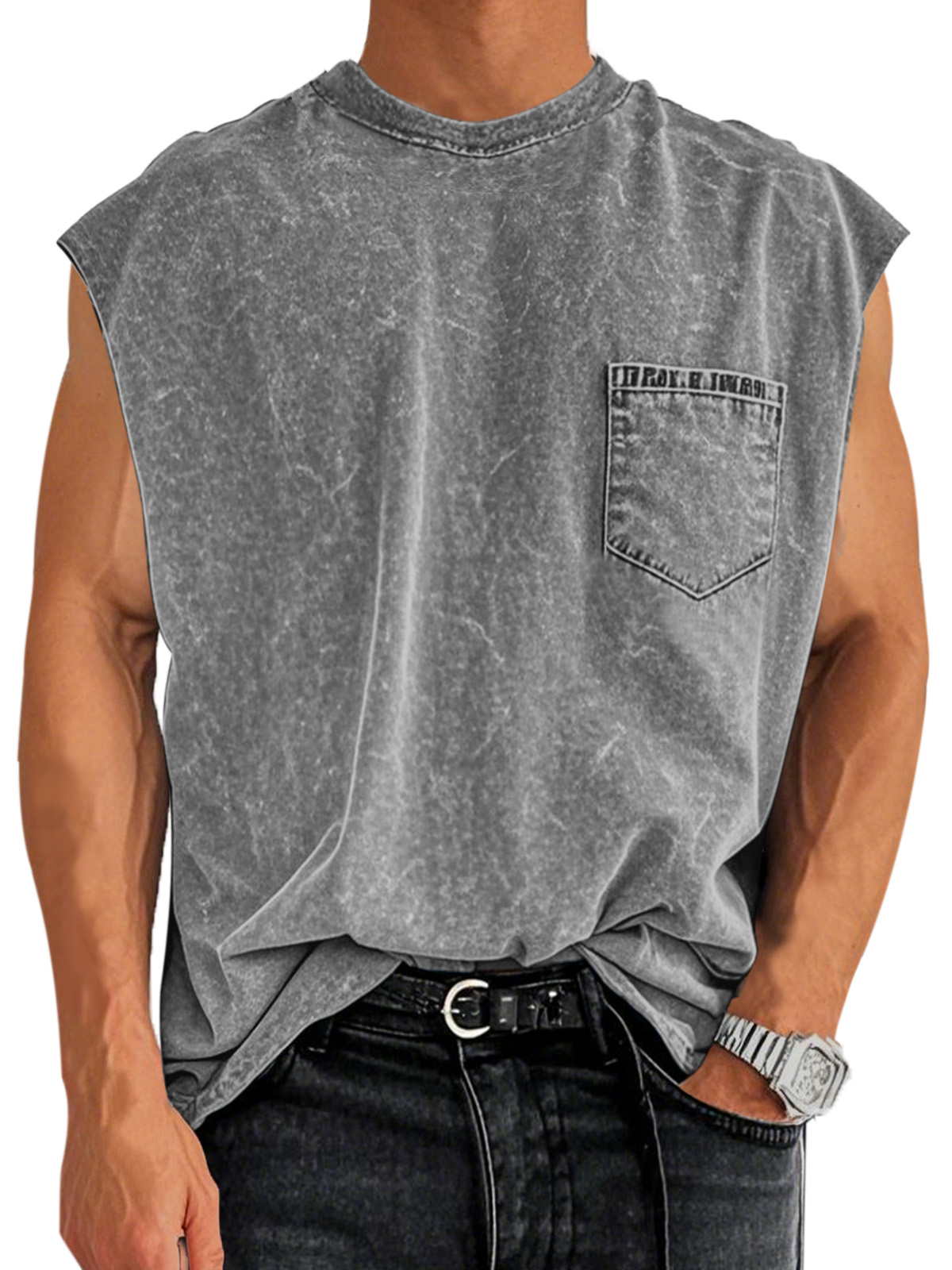Men's Retro Cotton Washed Pocket Round Neck Sleeveless T-shirt