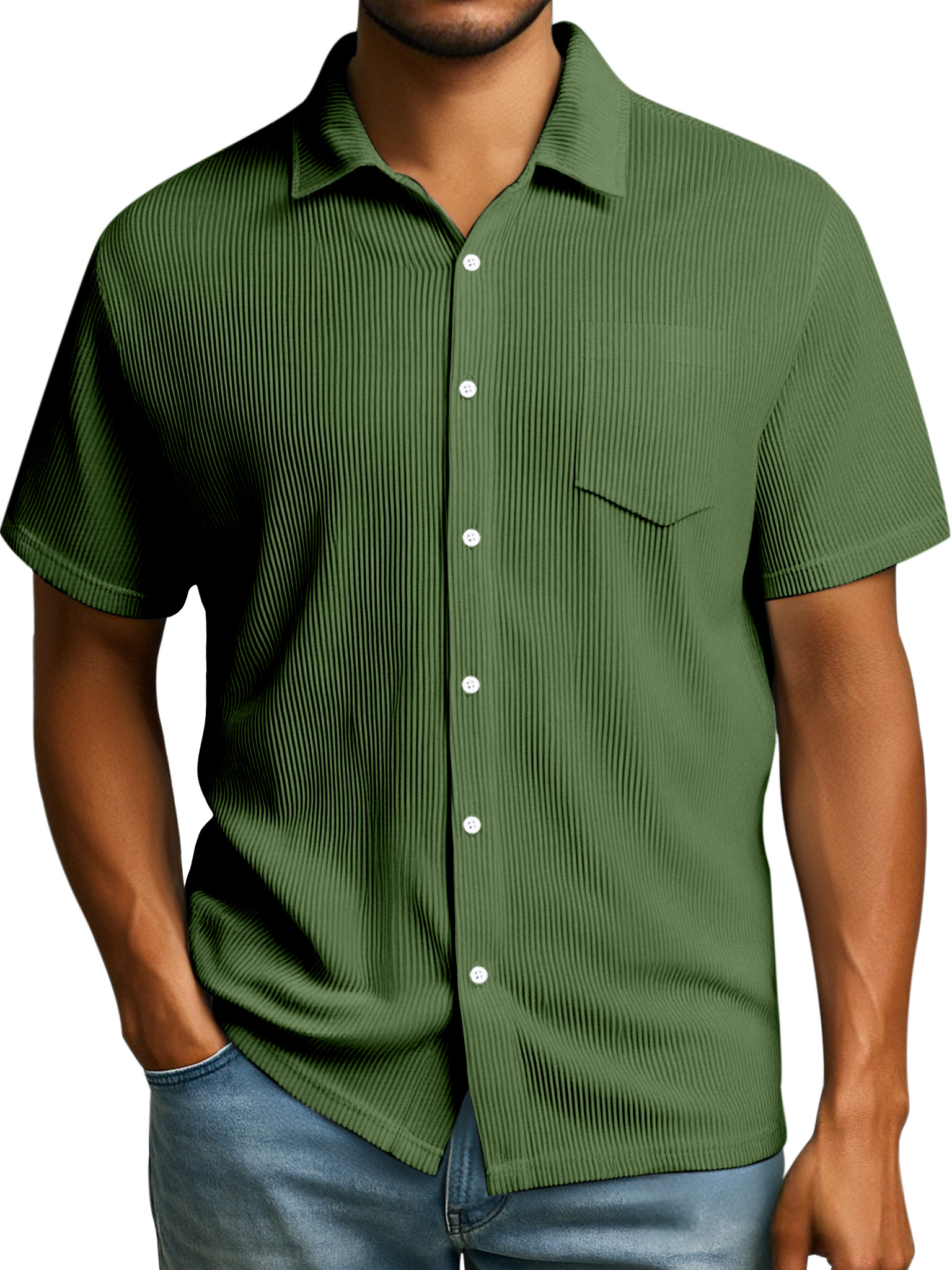 Men's Daily Casual Solid Color Loose Rib Stitch Short-sleeved Lapel Shirt