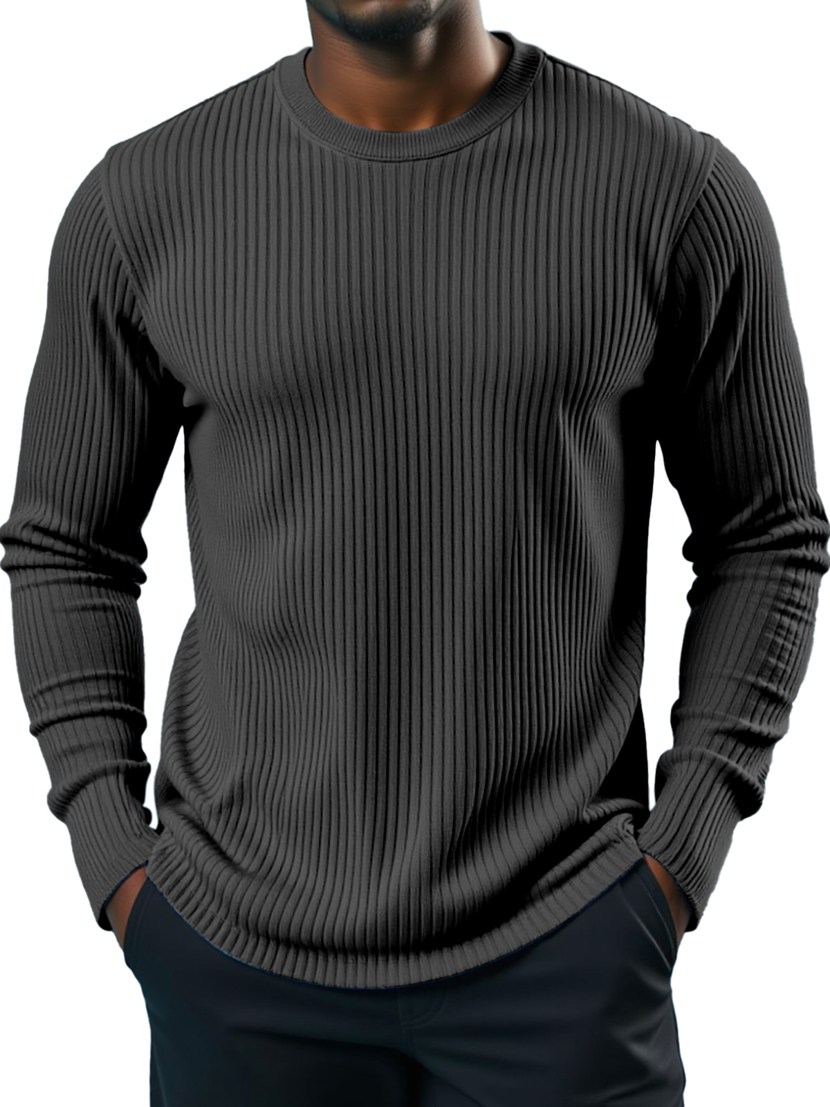 Men's Simple Daily Solid Color Vertical Pit Strip Round Neck Long-sleeved T-shirt