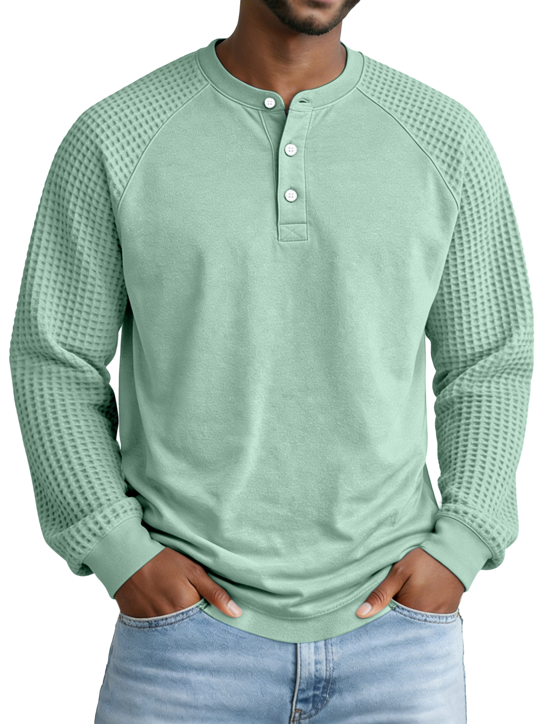Men's Casual Simple Waffle Knit Panel Henley Collar Raglan Long-sleeve Polo Shirt