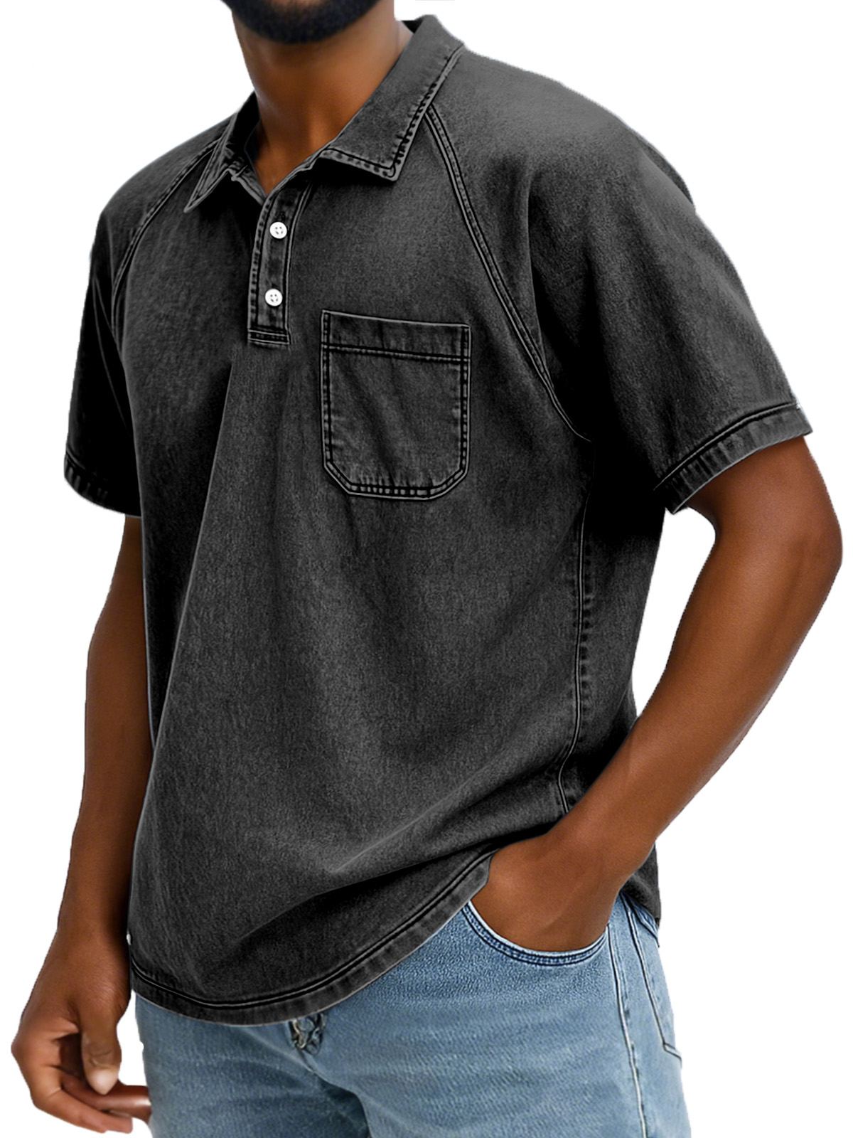 Men's Retro Solid Color Comfortable Raglan Sleeve Polo Shirt