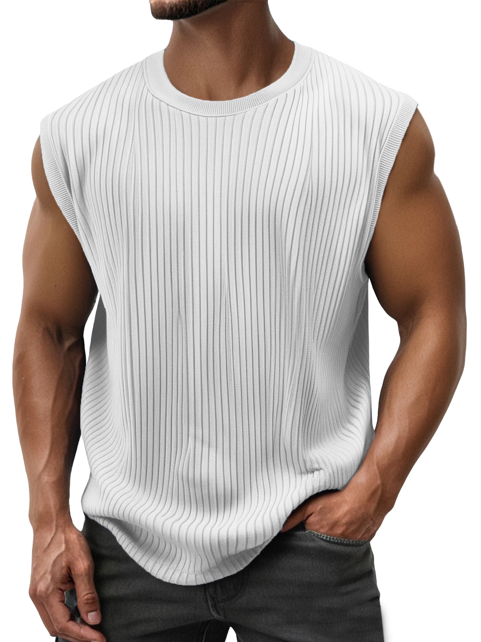 Men's Simple Everyday Solid Color Vertical Strip Sleeveless Round Neck T-shirt