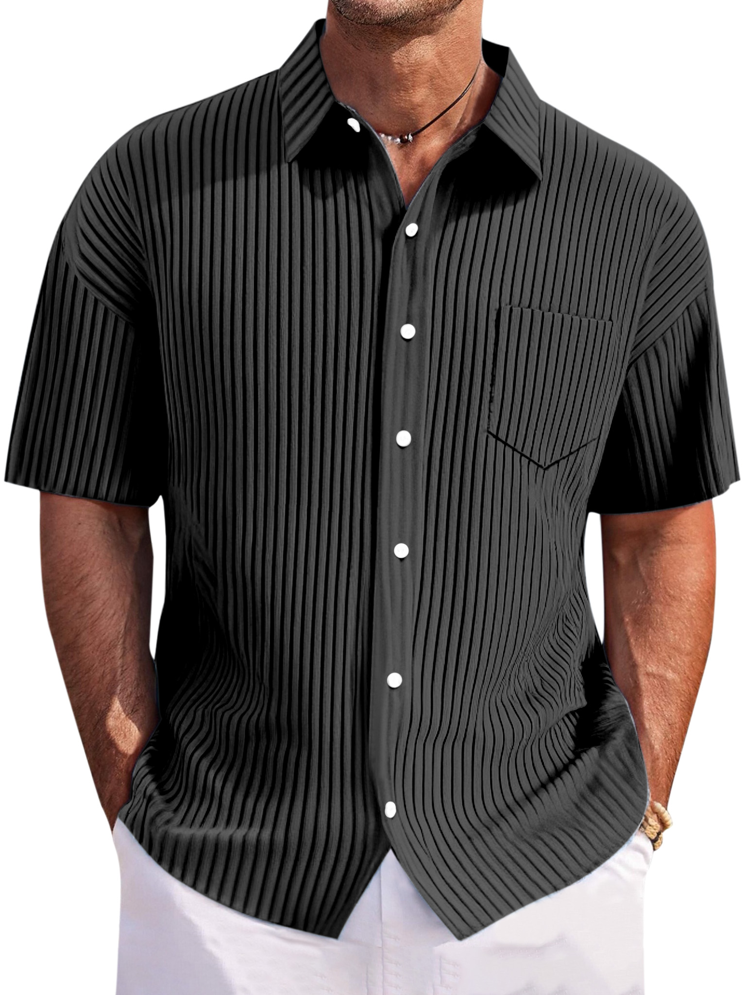Men's Casual Loose Pitted Textured Lapel Button-down Short-sleeved Shirt