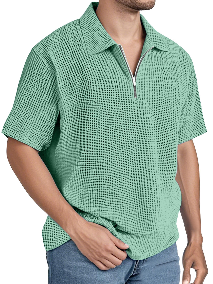 Men's Simple Solid Color Waffle Zipper Lapel Short-sleeved Polo Shirt