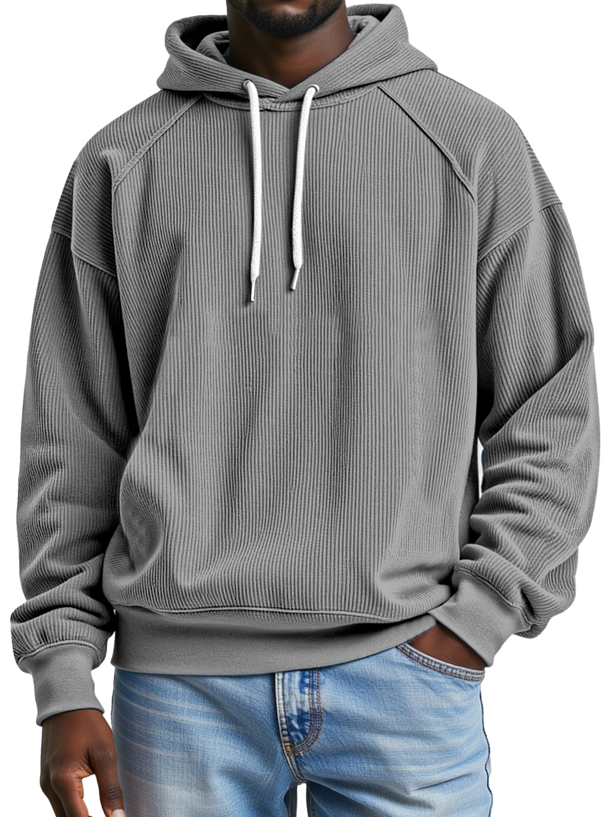 Men's Simple And Comfortable Vertical Pit Strip Raglan Design Loose Hooded Sweatshirt