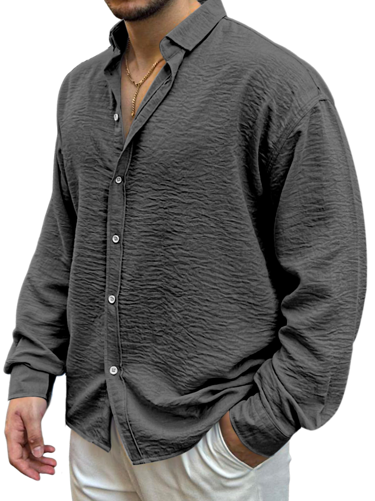 Men's Simple Solid Color Pleated Loose And Comfortable Lapel Long-sleeved Shirt