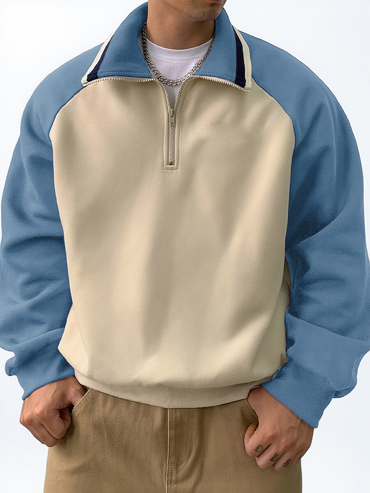 Men's Stylish Retro Patchwork Zippered Loose-fitting Long-sleeved Sweatshirt