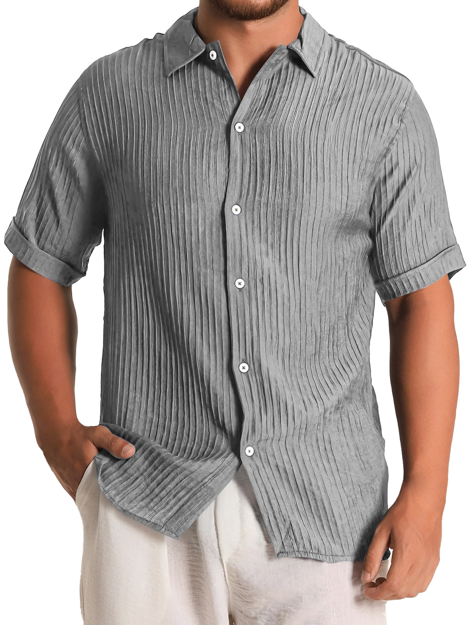 Men's Fashion Daily Pleated Casual Solid Color Short Sleeve Shirt
