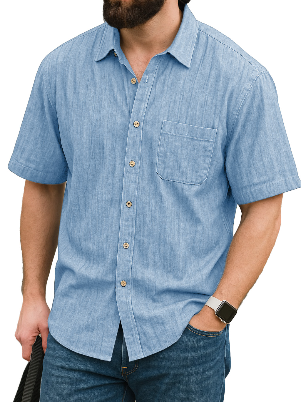 Men's Fashion Daily Linen Fabric Pocket Short-sleeved Lapel Shirt