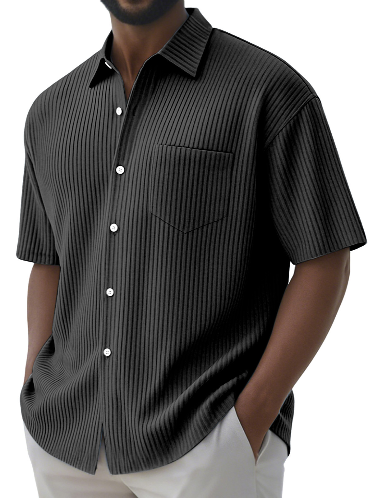 Men's Simple Solid Color Vertical Pit Button Lapel Short-sleeved Shirt