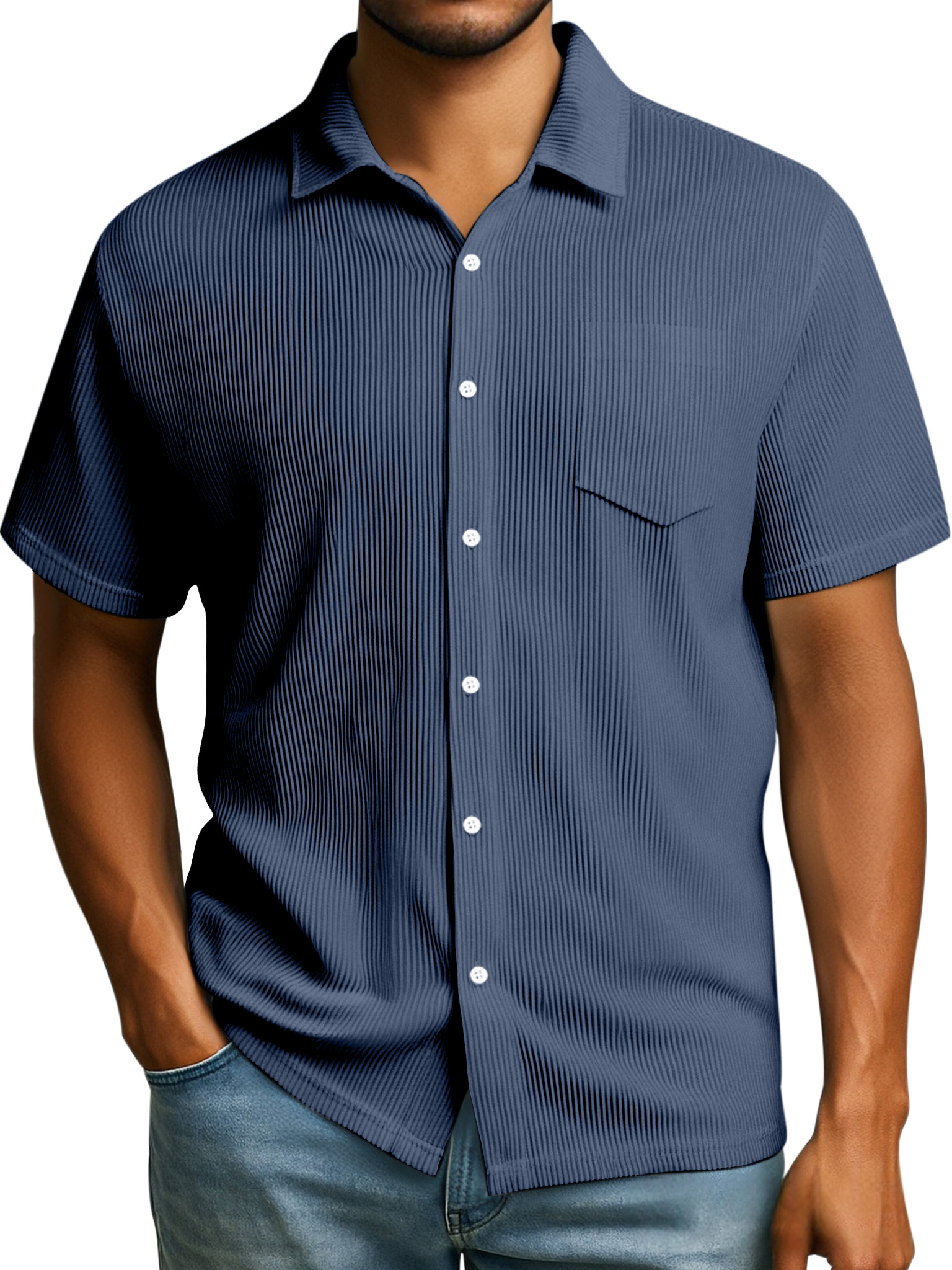 Men's Daily Casual Solid Color Loose Rib Stitch Short-sleeved Lapel Shirt