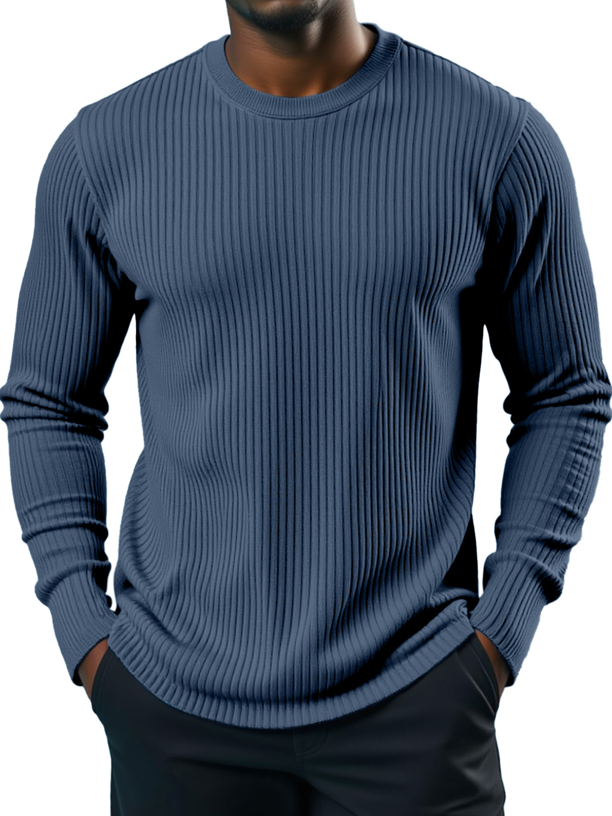 Men's Simple Daily Solid Color Vertical Pit Strip Round Neck Long-sleeved T-shirt