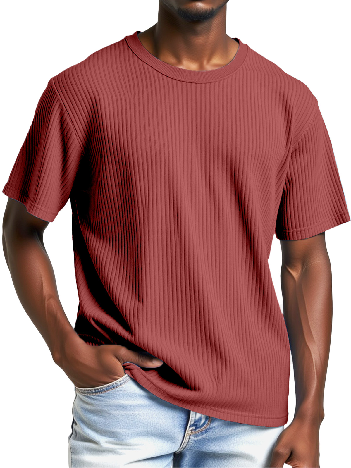 Men's Comfortable Solid Color Vertical Pit Round Neck Short-sleeved T-shirt