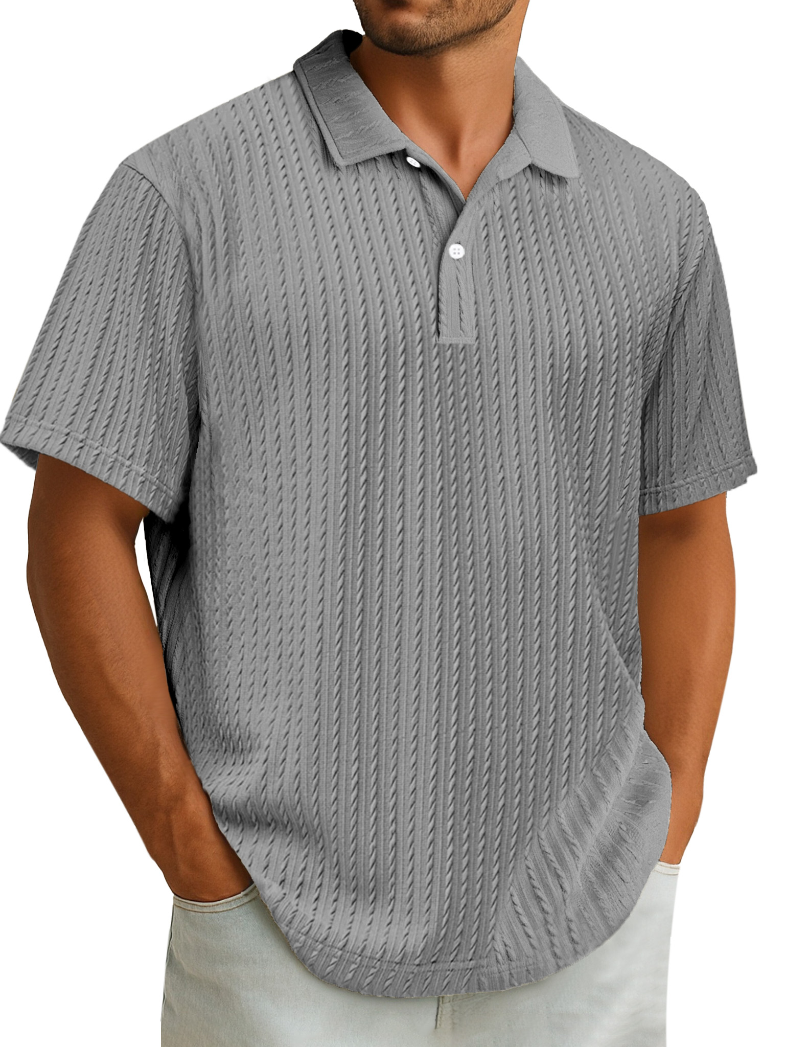 Men's Casual Simple Design Solid Color Texture Short-sleeved Polo Shirt