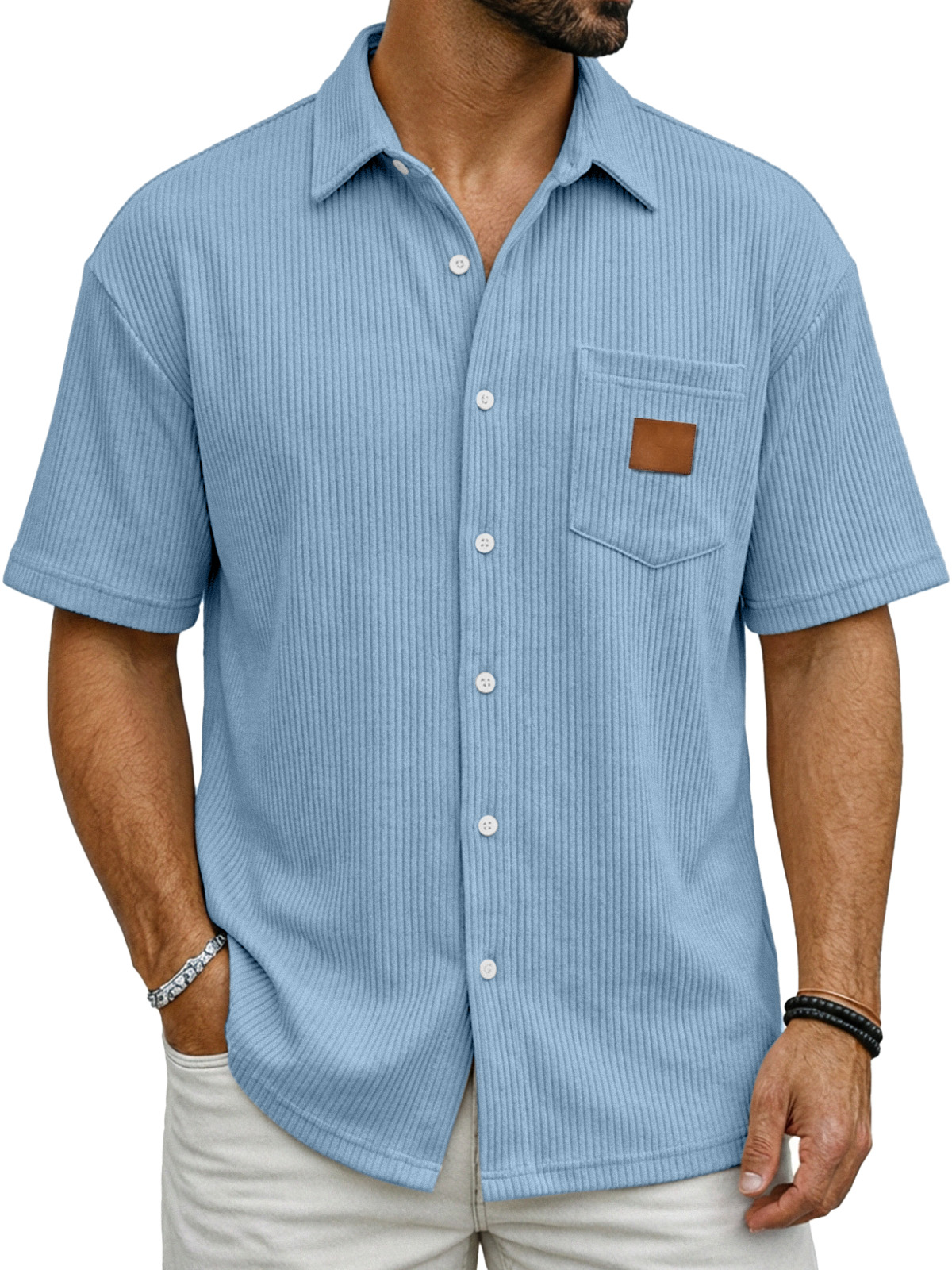 Men's Casual Simple Vertical Ribbed Fabric Shirt With Logo