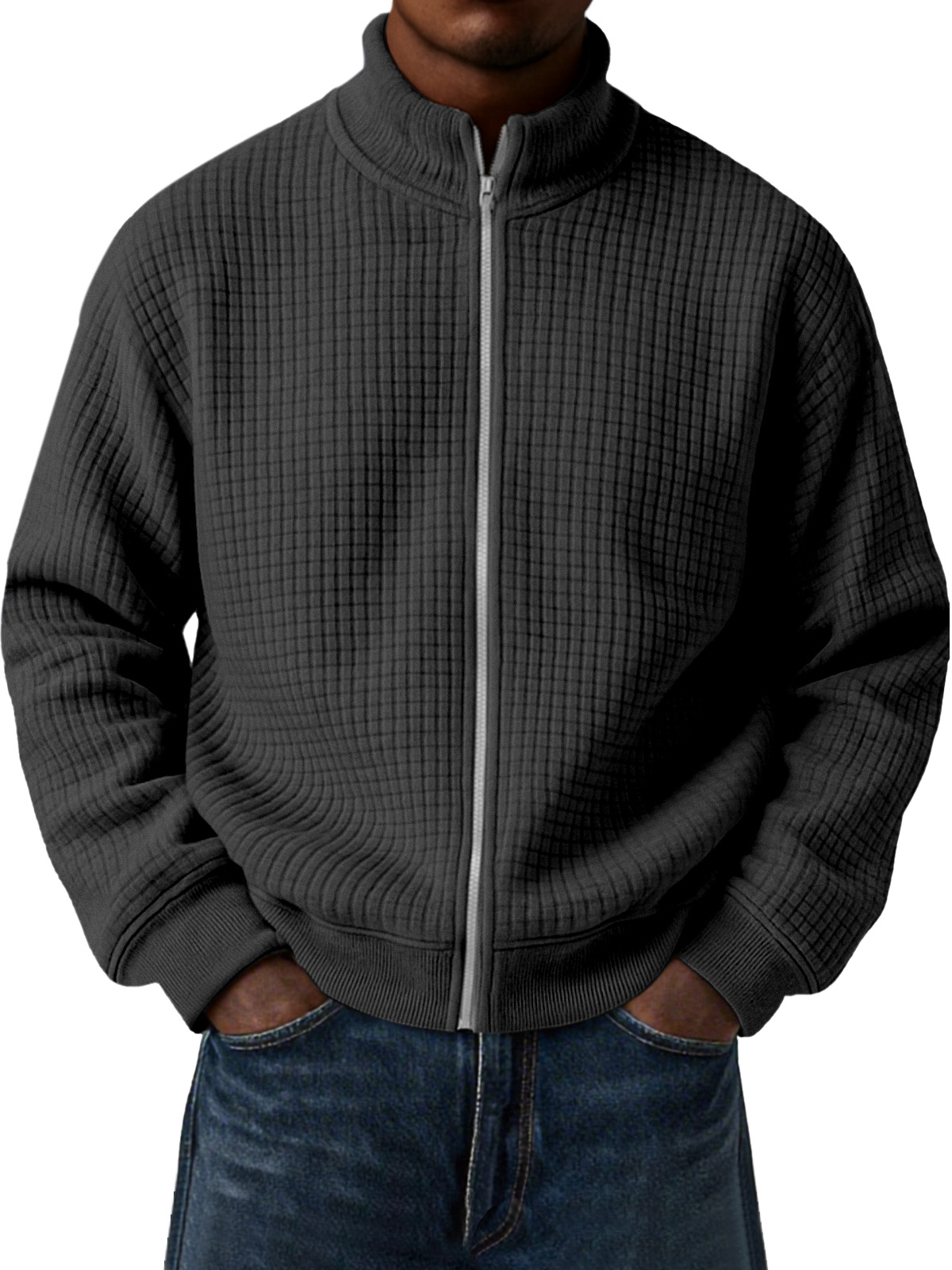 Men's Casual Small Square Jacquard Stand Collar Zipper Long Sleeve Jacket