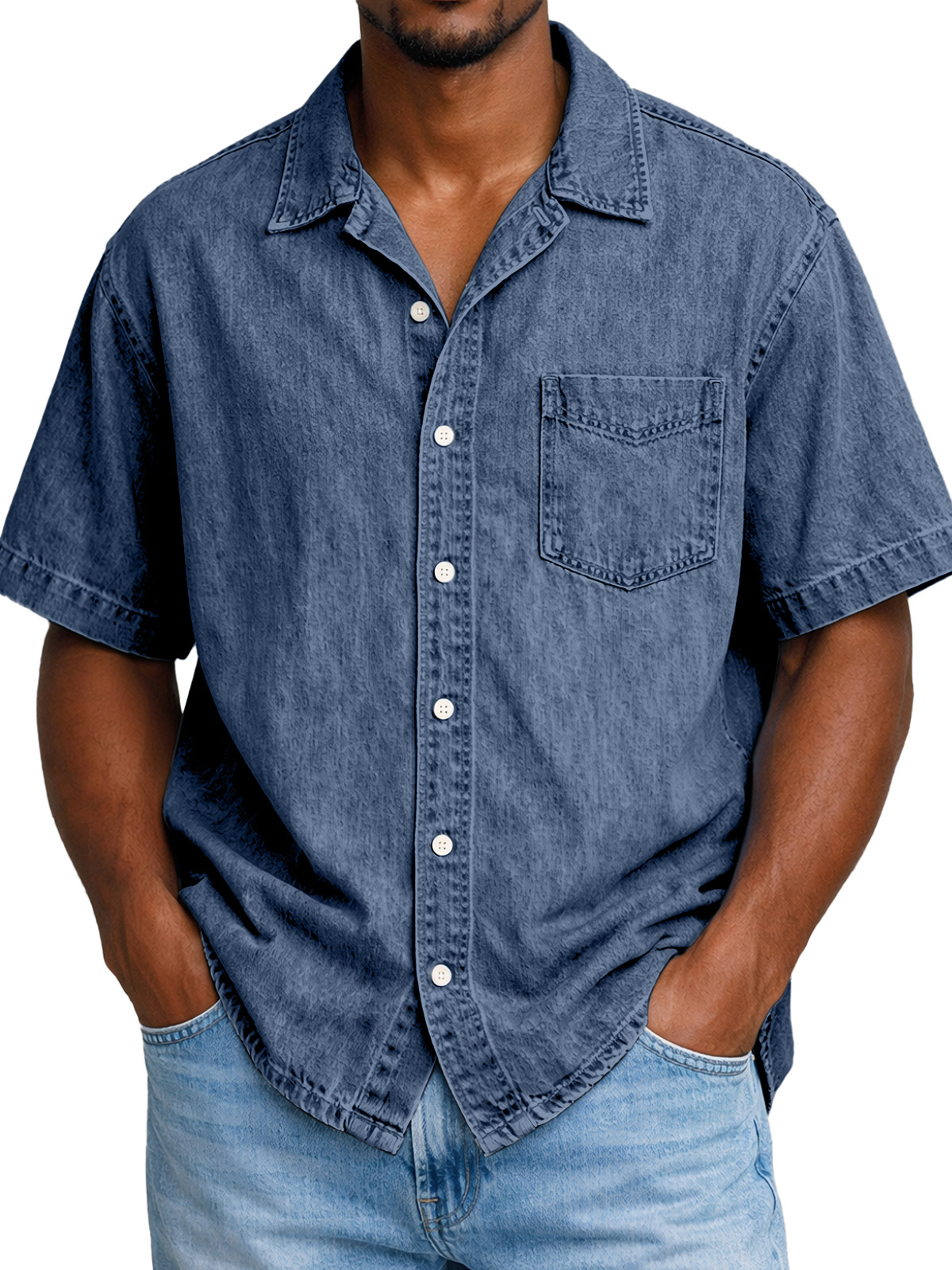 Men's Retro Solid Color Pocketed Cuban Collar Short-Sleeve Shirt